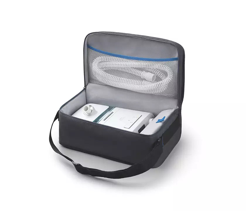 Inside view of Philips Respironics Dreamstation Auto CPAP with humidifier attached placed inside the travel shoulder bag with the tube inside a pouch