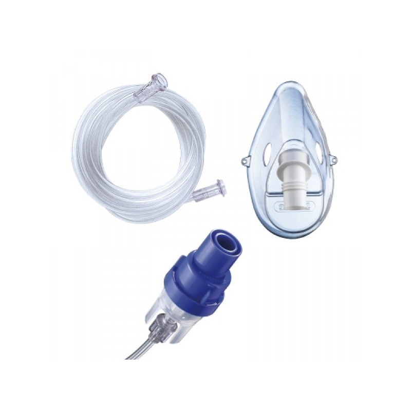 The image of disposable nebulizer tube, disposable pediatric mask, and disposable SideStream nebulizer chamber.