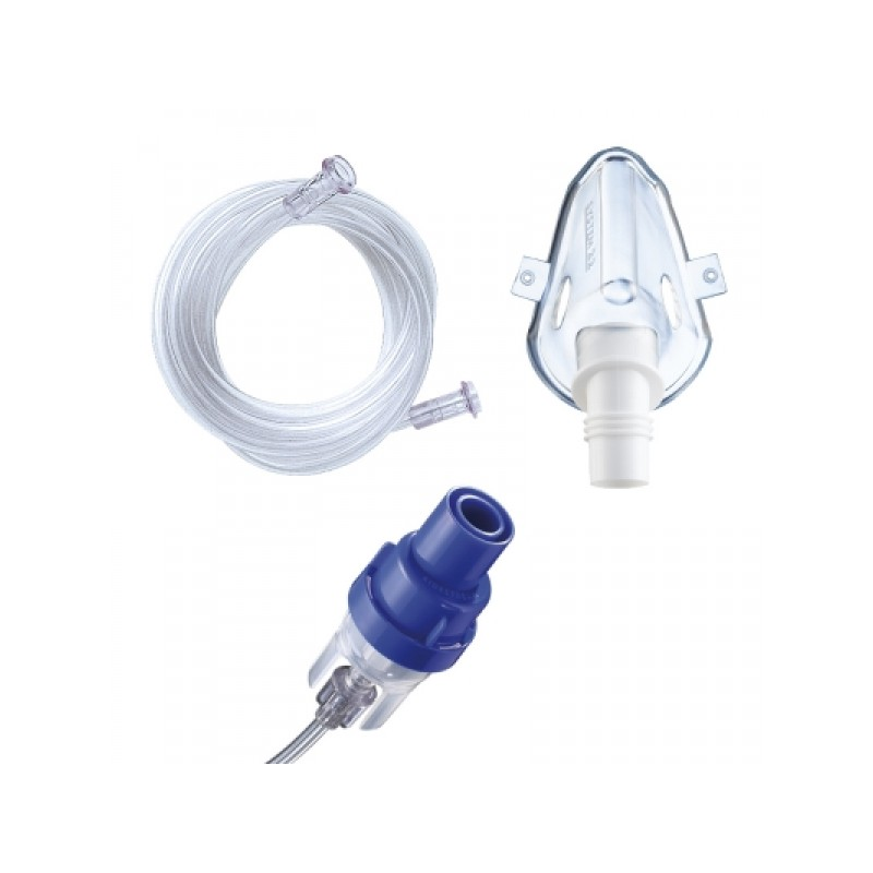 The image of a disposable nebulizer tube, a disposable adult mask, and a disposable SideStream nebulizer chamber.