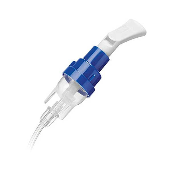 The disposable Philips SideStream nebulizer chamber with the mouthpiece attached.