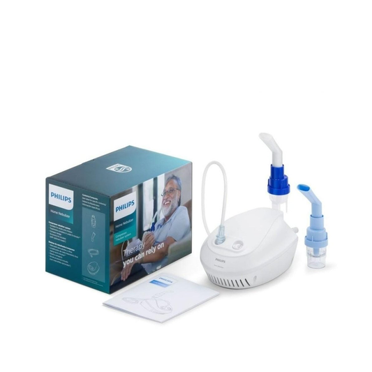 Image showing what comes with  the Philips Home Nebulizer with its packing, the reusable and disposable SideStream Nebulizer chamber and the compressor